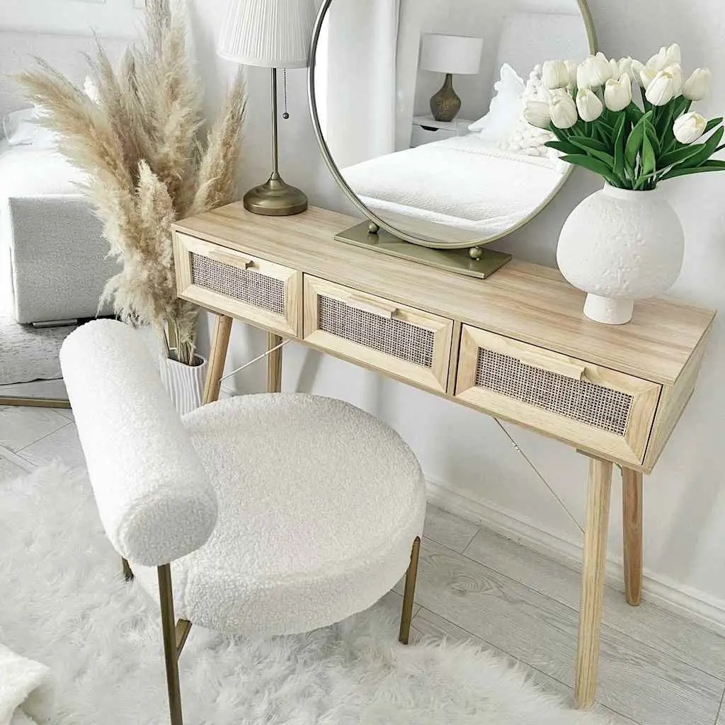 Console Table Brown End Table with Storage Drawers Rattan Weaving Design