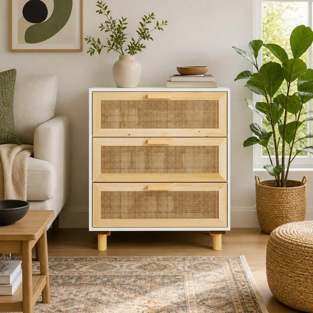 Sideboard Engineered Wood 60x30x70 cm White with Rattan Weaving