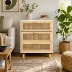 Stylish White Sideboard with Rattan Weaving, 60x30x70 cm