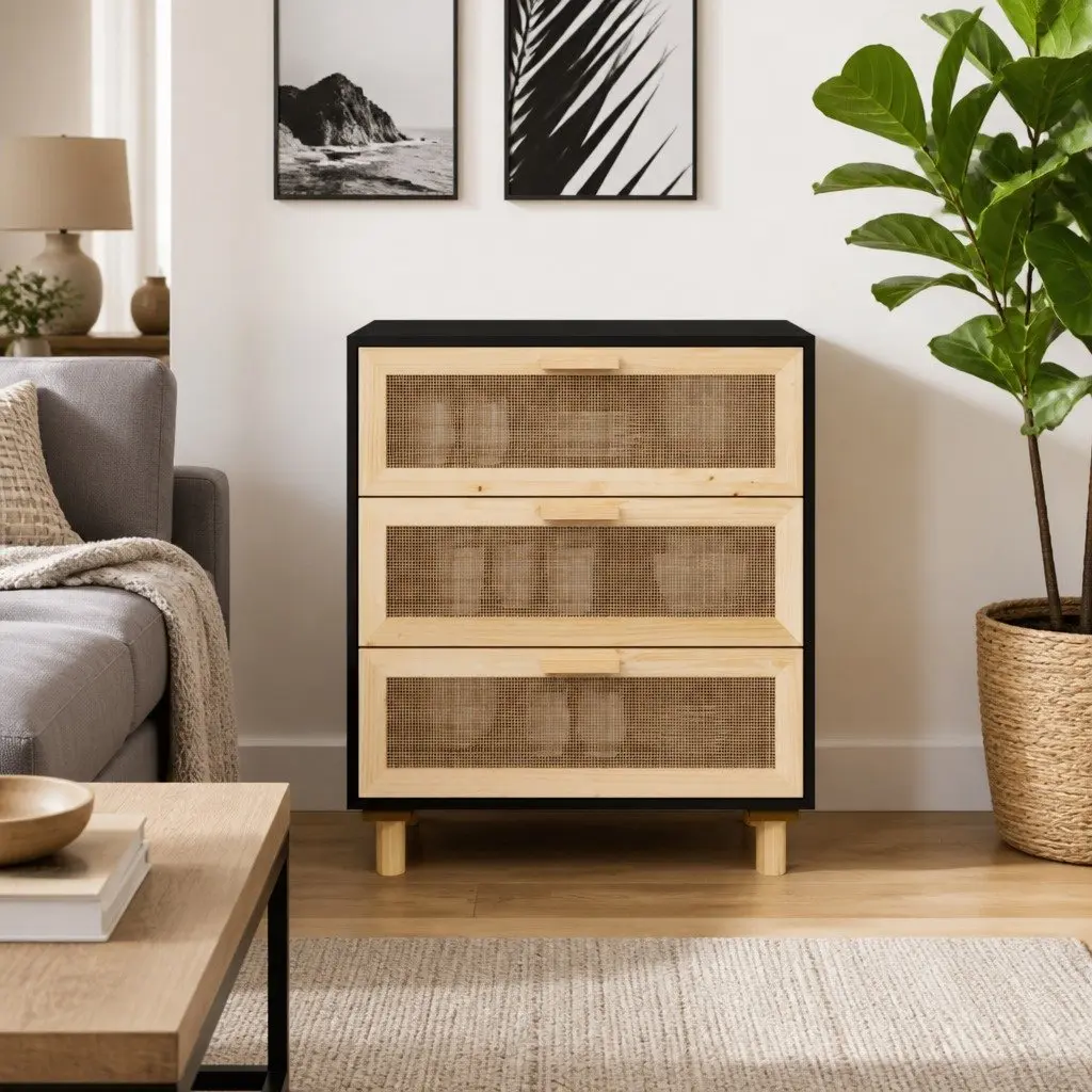 Black Sideboard Storage Cabinet with Rattan Drawers