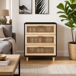 Stylish Black Sideboard Storage Cabinet with Rattan Drawers