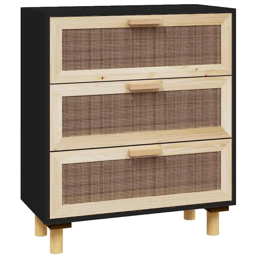 Black Sideboard Storage Cabinet with Rattan Drawers
