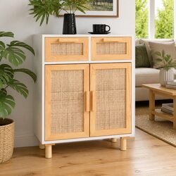 Premium White Sideboard with Rattan Door and Pinewood Feet