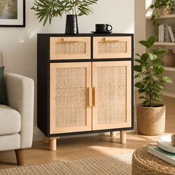 Sideboard Black Storage Cabinet 60x30x75cm Solid Wood Pine Rattan Drawers