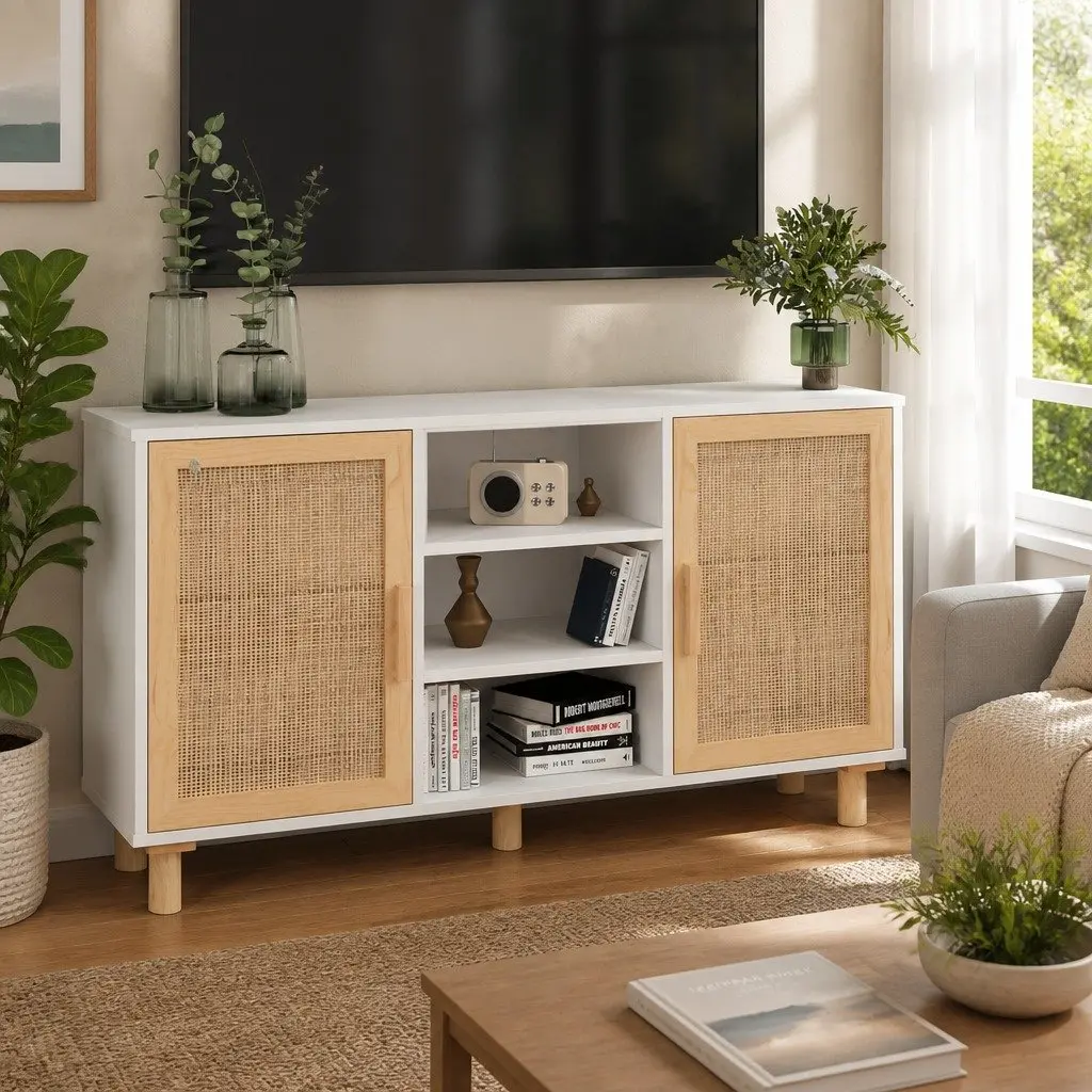 White Sideboard with Rattan Doors and 5 Compartments