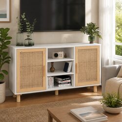 Stylish White Sideboard with Rattan Doors and 5 Compartments