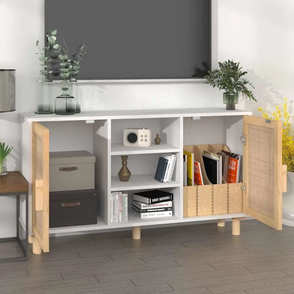 White Sideboard with Rattan Doors and 5 Compartments