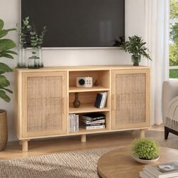 Sturdy Brown Sideboard Cabinet 105x30x60cm with Rattan Doors