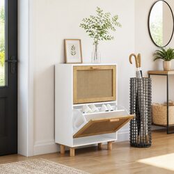 2-Drawer White Scandinavian Shoe Cabinet with Rattan