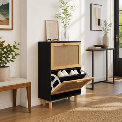 Black Engineered Wood Shoe Cabinet with Rattan Drawers