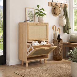 Scandinavian Style Brown Shoe Cabinet with Rattan Design