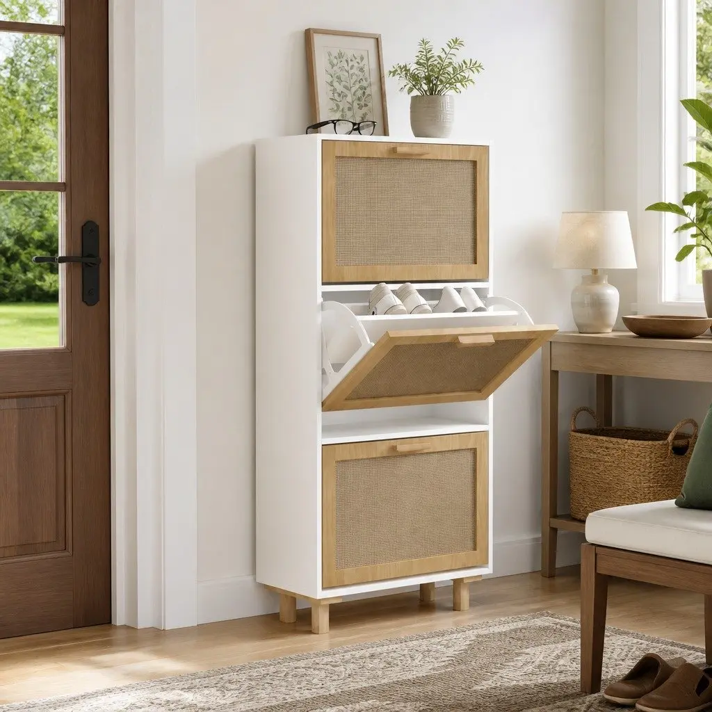 Shoe Cabinet Engineered Wood 52W x 25D x 115H cm White Rattan Weaving 3 Drawers