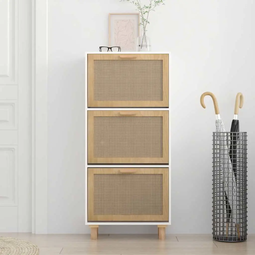 Shoe Cabinet Engineered Wood 52W x 25D x 115H cm White Rattan Weaving 3 Drawers