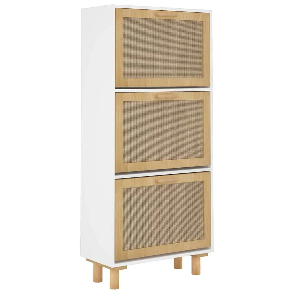 Shoe Cabinet Engineered Wood 52W x 25D x 115H cm White Rattan Weaving 3 Drawers