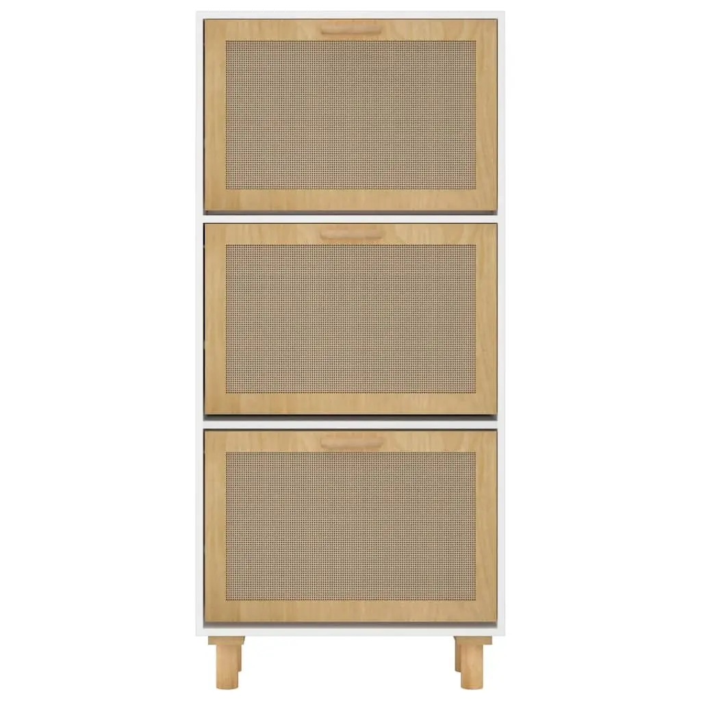 Shoe Cabinet Engineered Wood 52W x 25D x 115H cm White Rattan Weaving 3 Drawers