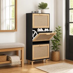 3 Drawer Black Shoe Cabinet with Rattan Weaving