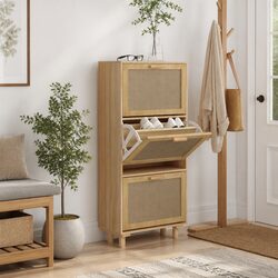 Brown Shoe Cabinet with Rattan Design and 3 Drawers
