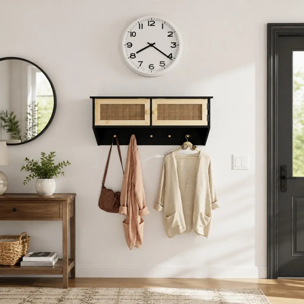 Wall-mounted Coat Rack with Rattan Storage