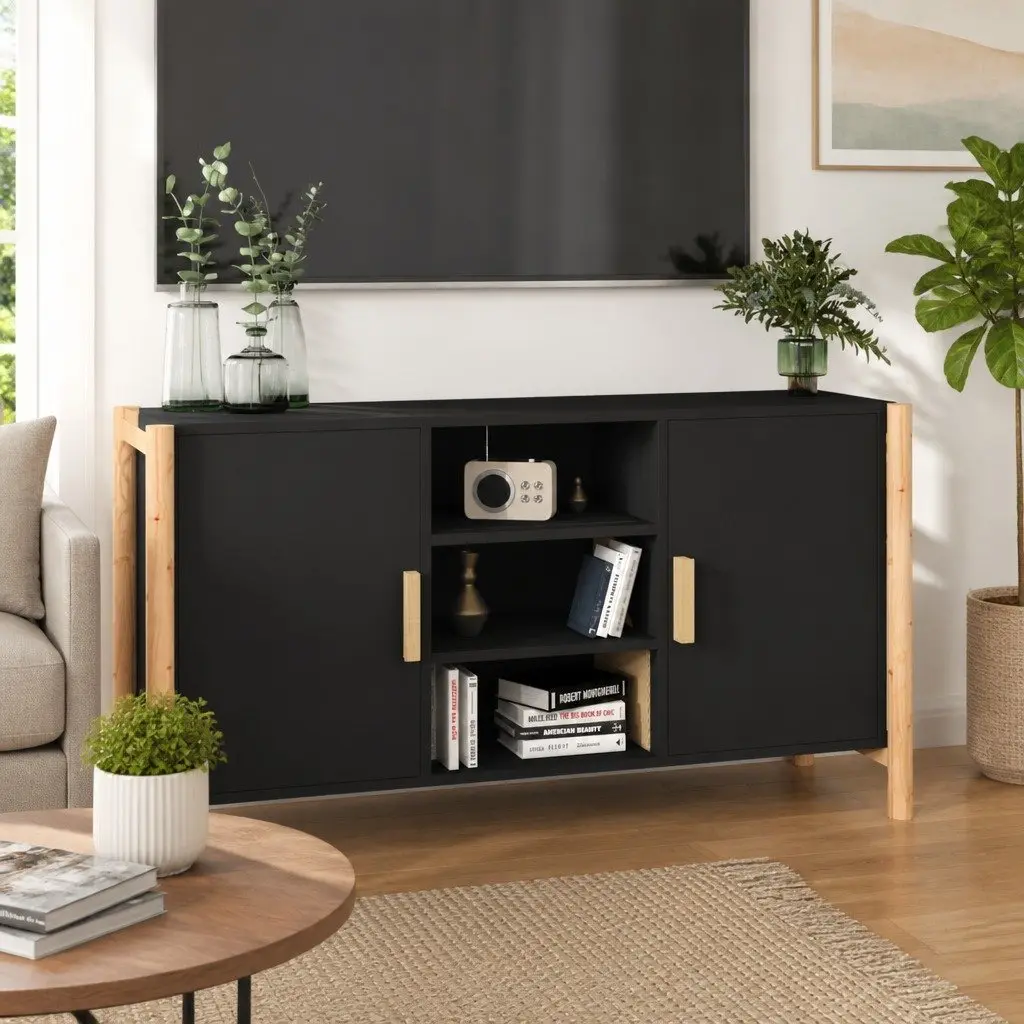 Black Storage Cabinet Sideboard with Solid Legs
