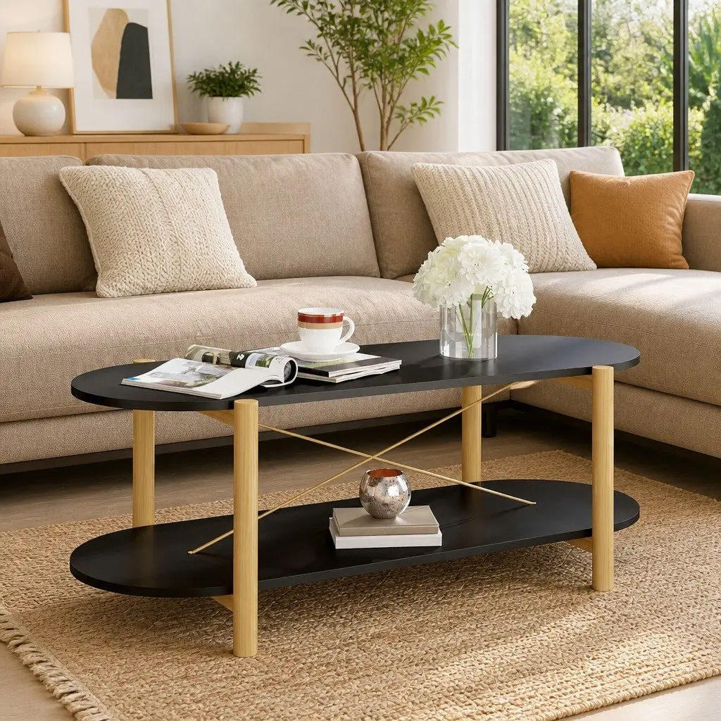 Black Coffee Table with Solid Wood Legs