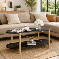 Stylish Black Coffee Table with Solid Wood Legs