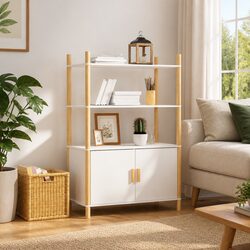 Elegant White Highboard Storage Cabinet with Solid Wood Legs