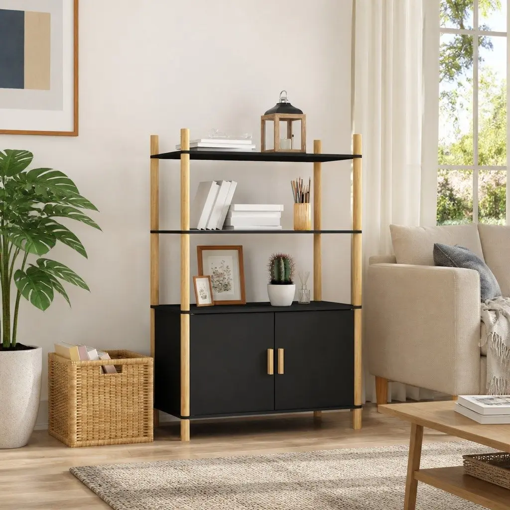 Highboard Storage Cabinet in Black Engineered Wood