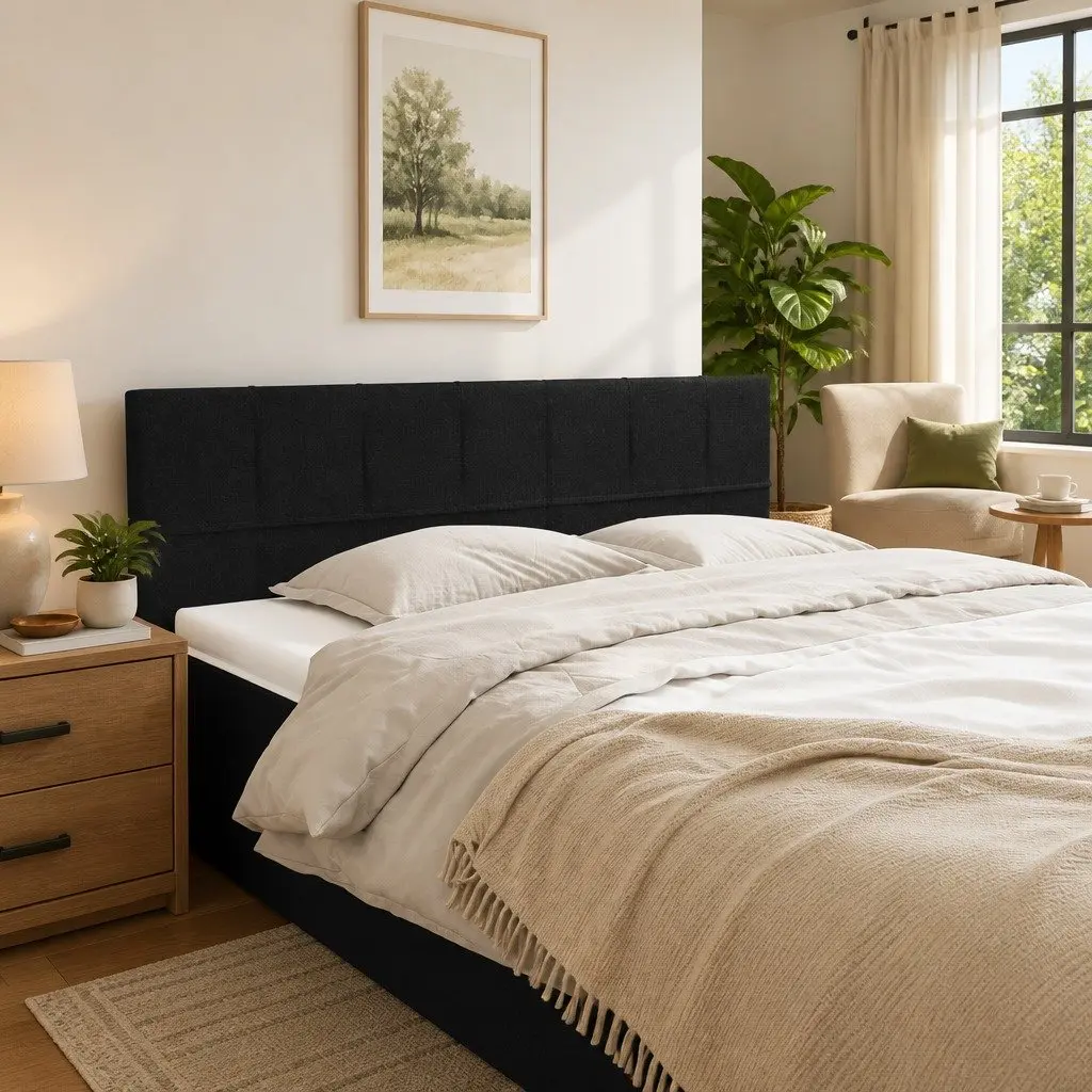 Fabric Headboard Black Adjustable Height Wooden Legs 144 x 5 x 78/88 cm