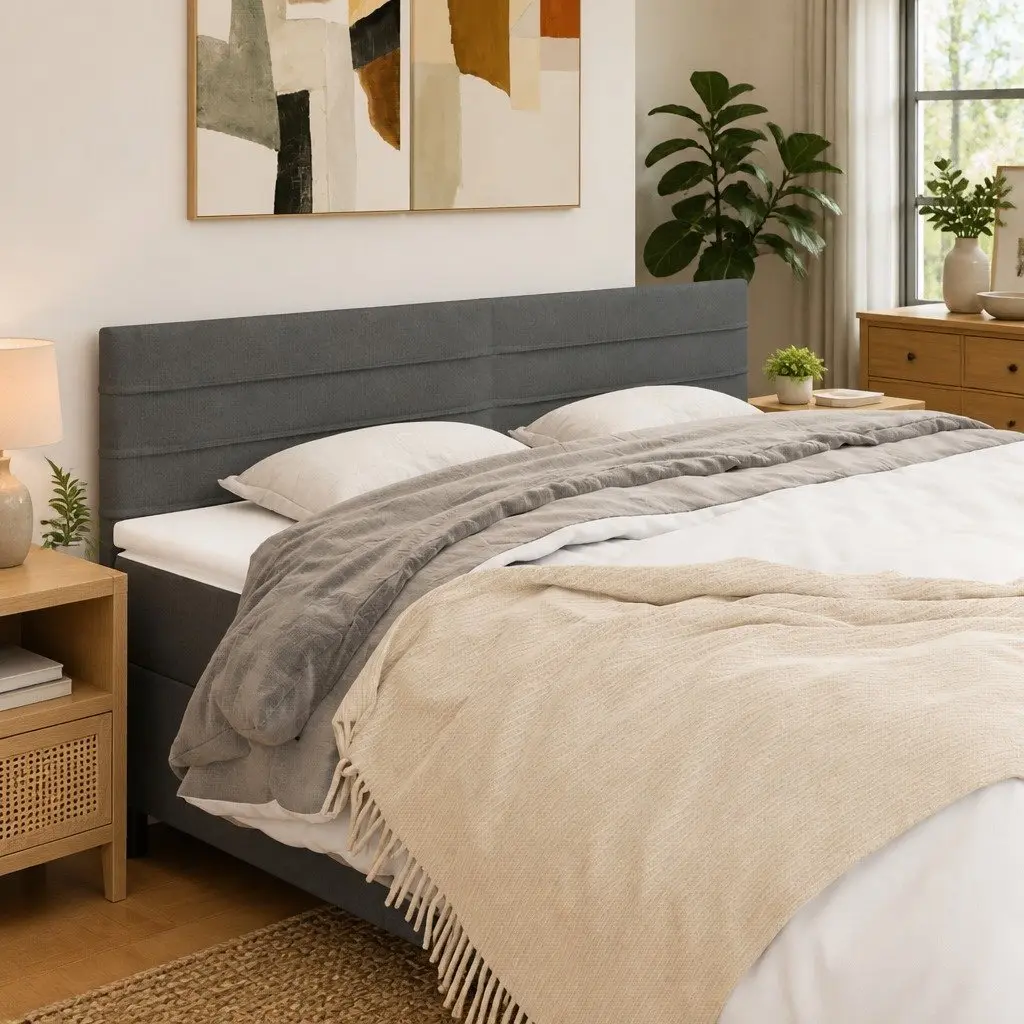 Fabric Headboard Grey Adjustable Height Wooden Legs