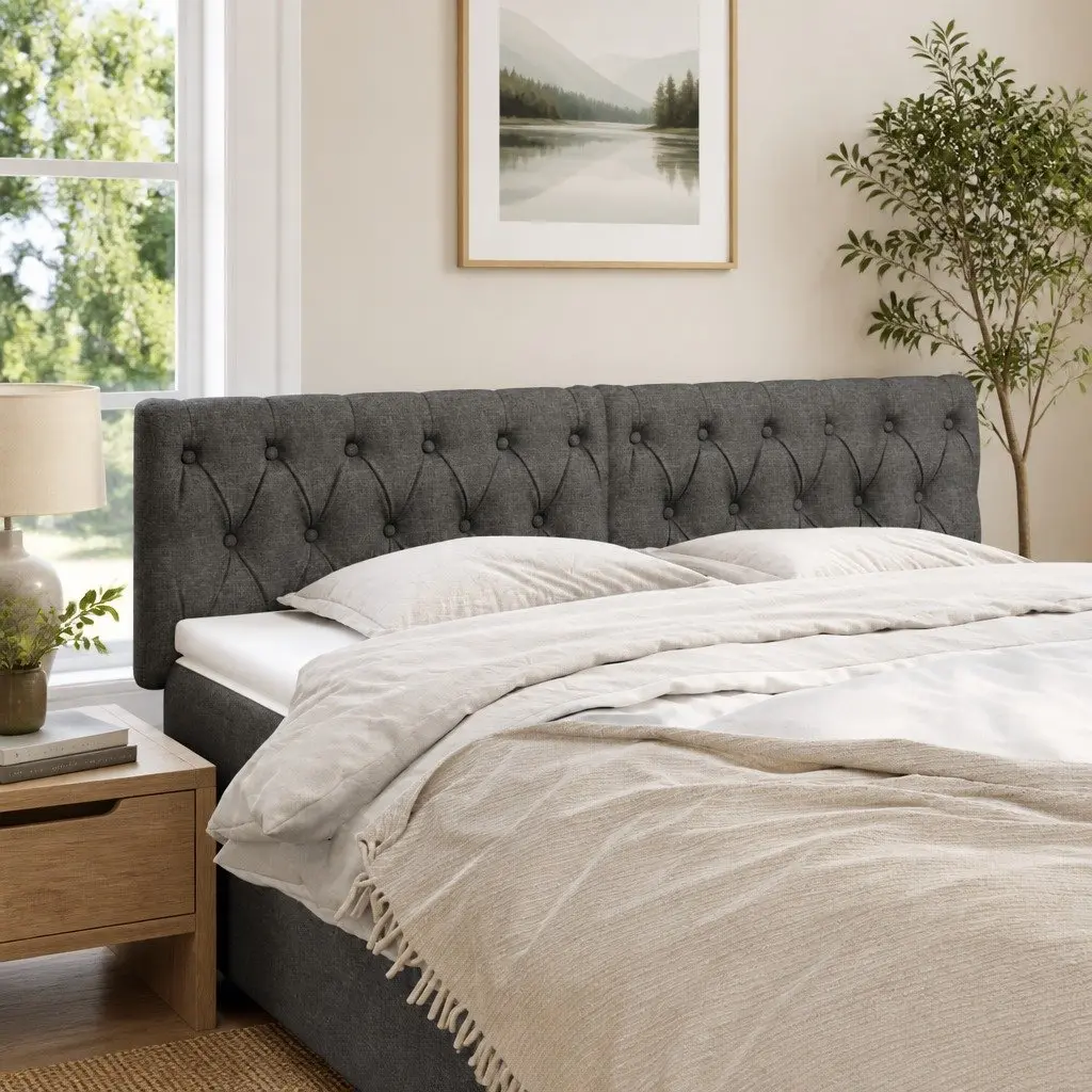 Headboard Fabric Dark Grey Adjustable Height Wooden Legs