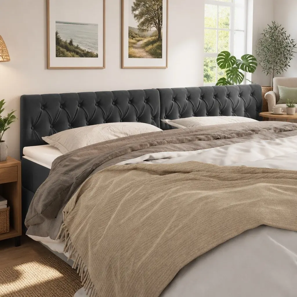 Headboard Velvet 200cm Grey Adjustable Height Wooden Legs