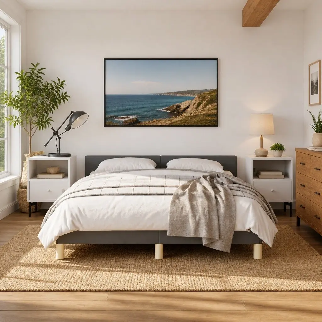 Grey Fabric Double Bed Frame with Headboard
