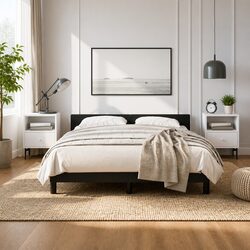 Sturdy Black Faux Leather Queen Bed Frame with Headboard