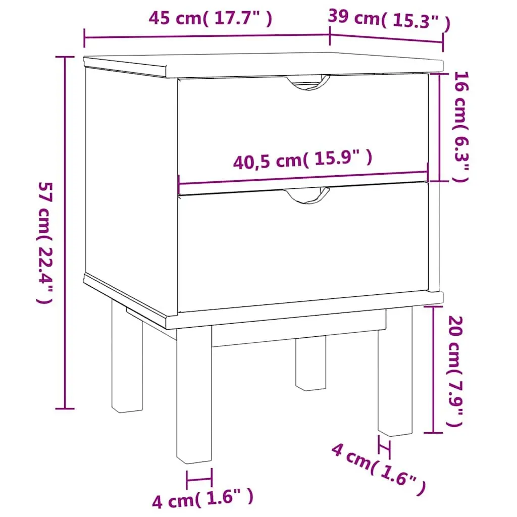 Solid Pine Wood Nightstand with Storage Drawers 45x39x57cm