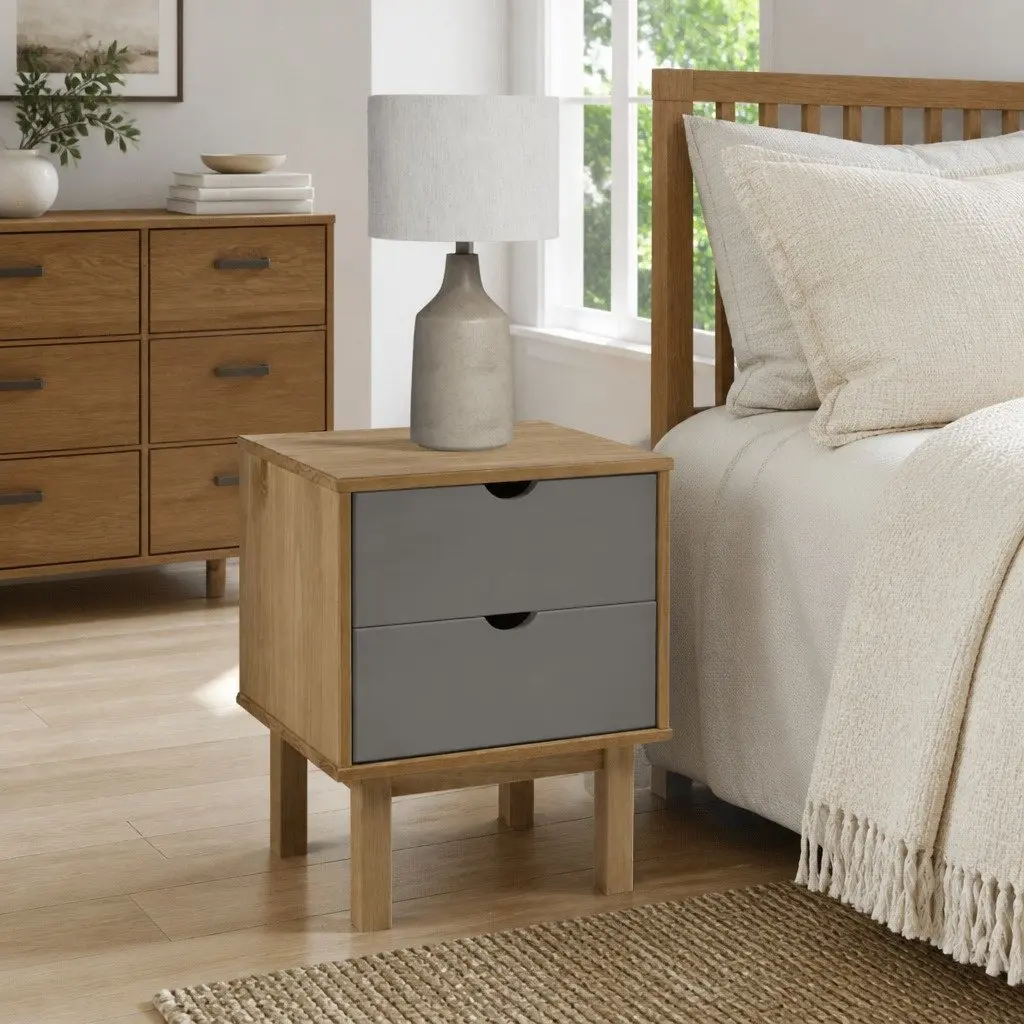Bedside Cabinet Solid Pine Wood Grey Two Drawers Nightstand Storage