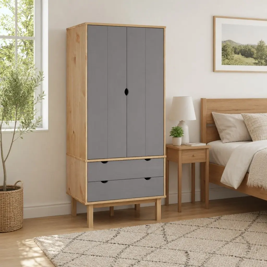 Grey Solid Wood Pine Wardrobe with Drawers 76.5x53x172cm