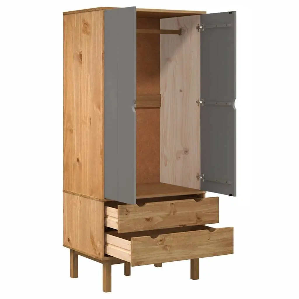 Grey Solid Wood Pine Wardrobe with Drawers 76.5x53x172cm