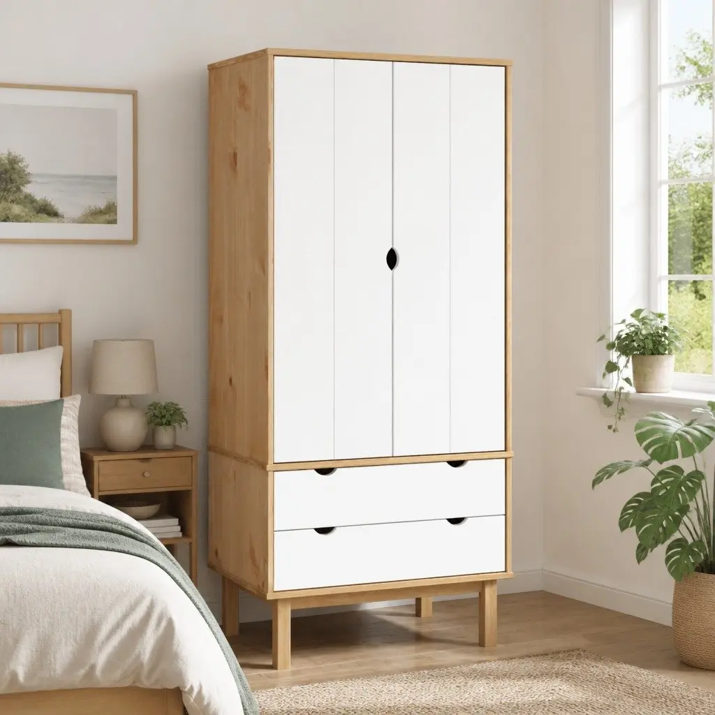 Wardrobe Solid Pine Wood 76.5x53x172 cm Brown and White 2 Drawers Storage Closet