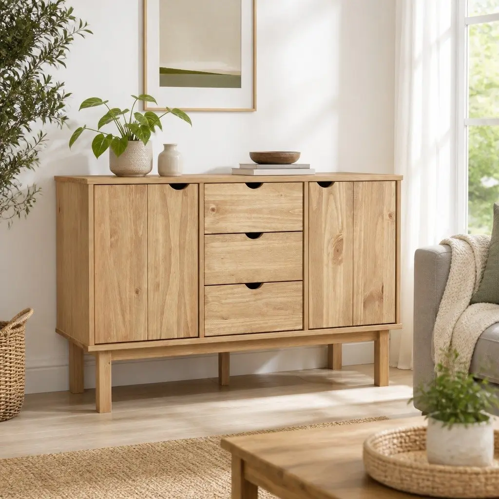 Solid Pine Wood Sideboard with Drawers and Doors Brown Scandinavian Storage