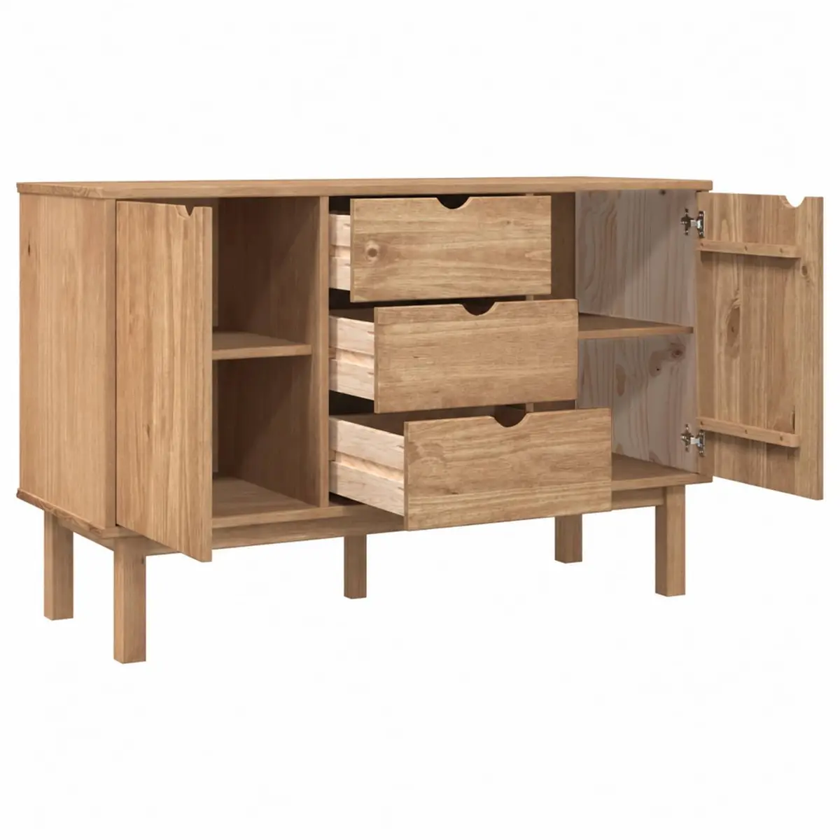 Solid Pine Wood Sideboard with Drawers and Doors Brown Scandinavian Storage