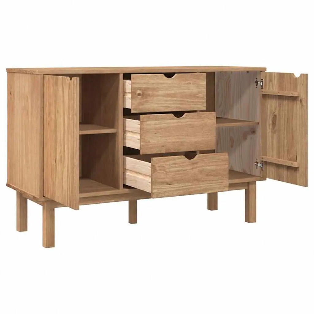 Solid Pine Wood Sideboard with Drawers and Doors Brown Scandinavian Storage