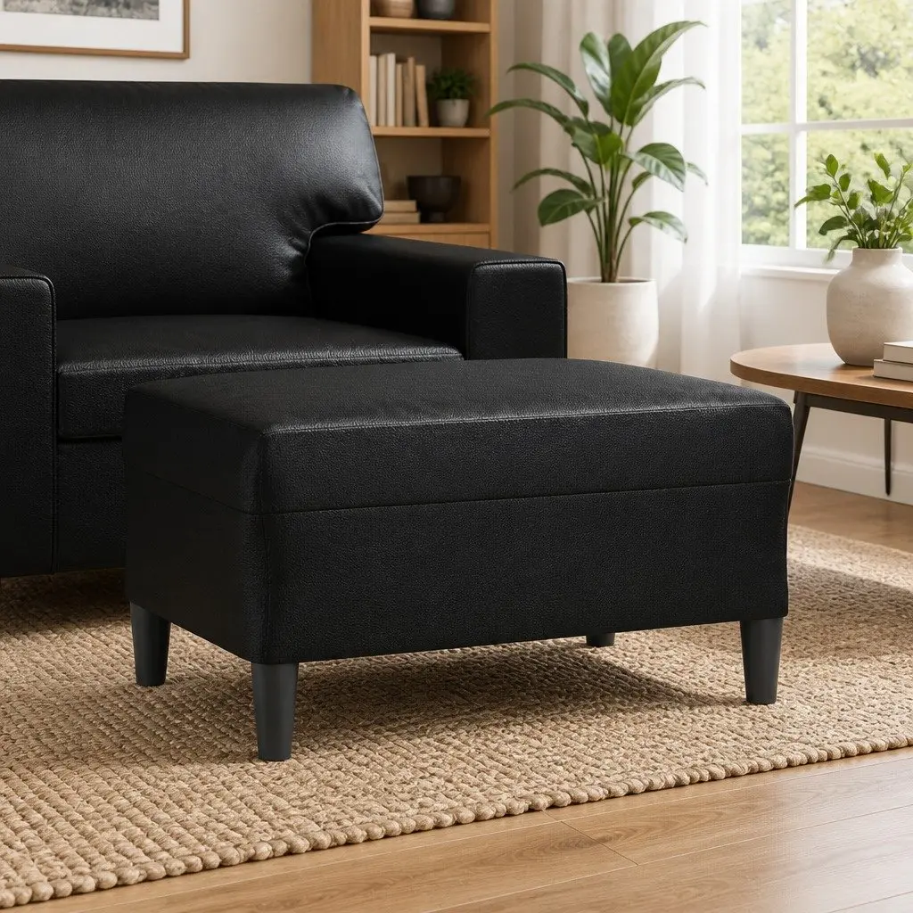 Footstool Black Faux Leather Modern Compact Furniture Living Room Rest Stool