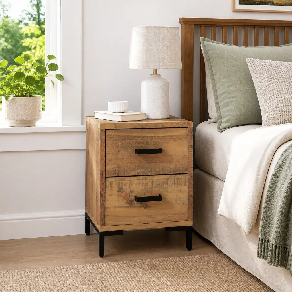 Brown Pinewood Bedside Cabinet with Drawers