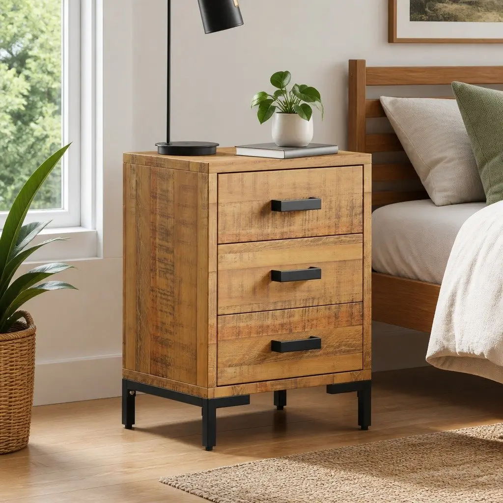Solid Pinewood Bedside Cabinet with Vintage Style