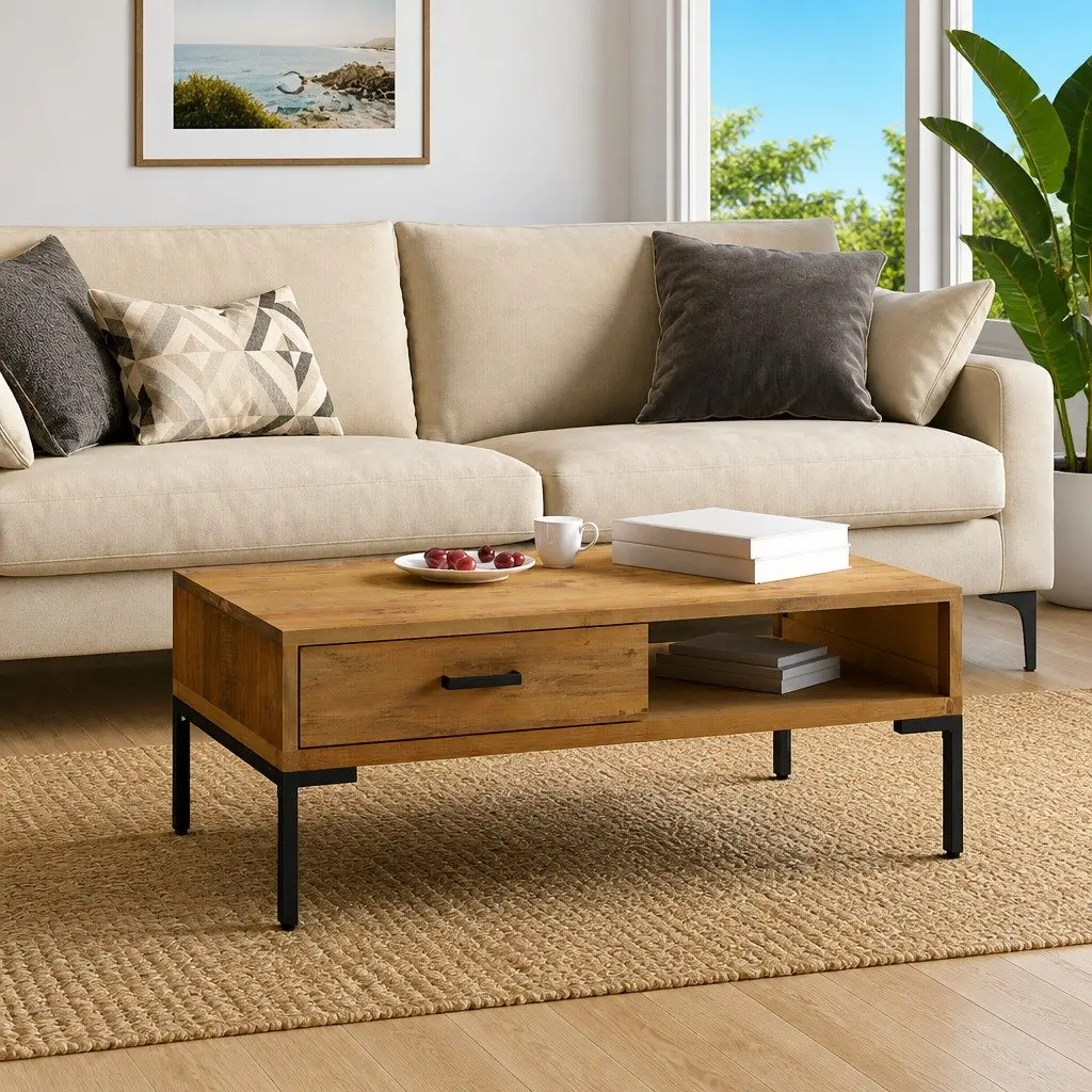 Wooden Coffee Table with Storage Drawer and Open Shelf