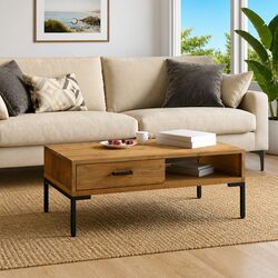 Wooden Coffee Table with Storage Drawer and Open Shelf