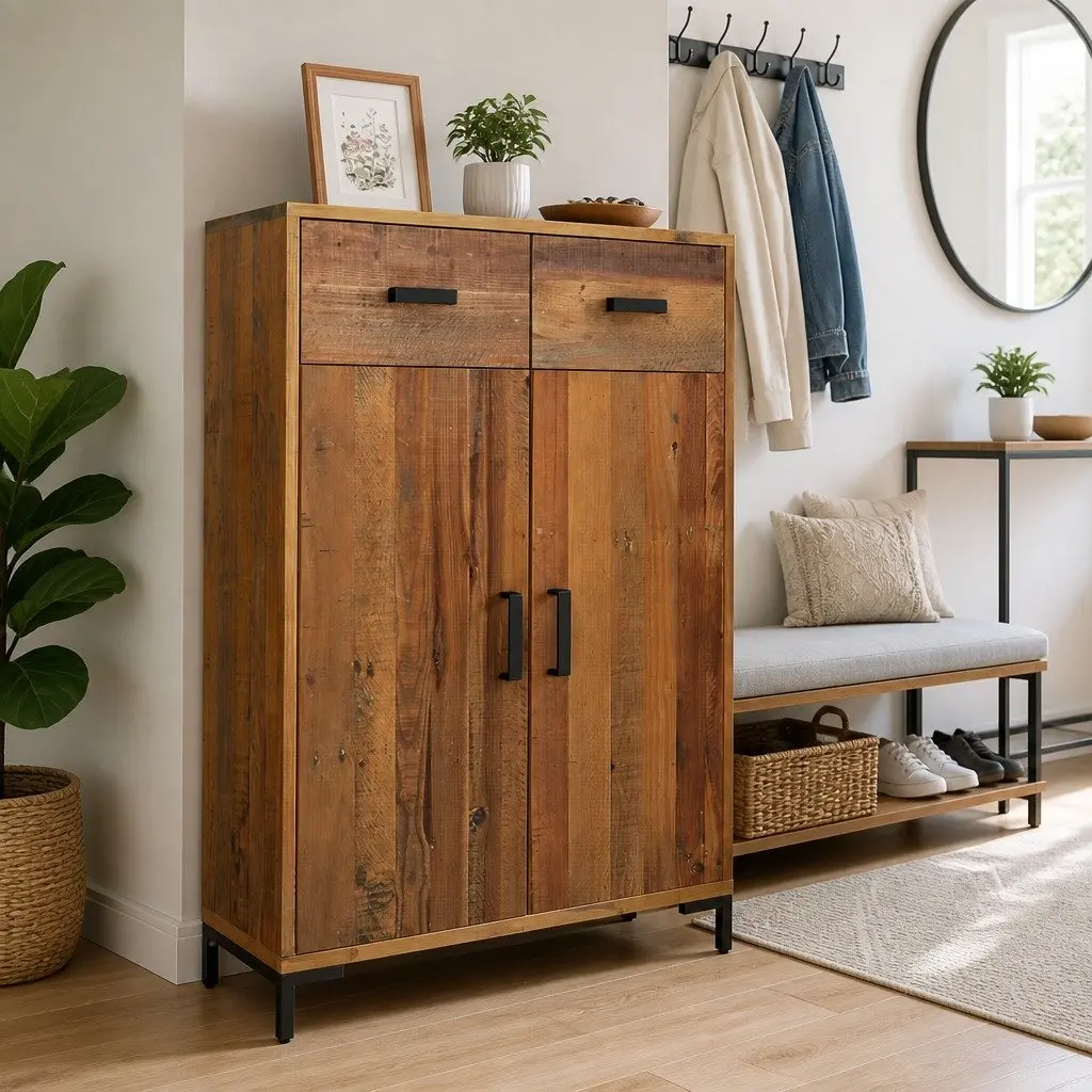Solid Pinewood Shoe Rack with 2 Drawers, 75x40x110 cm