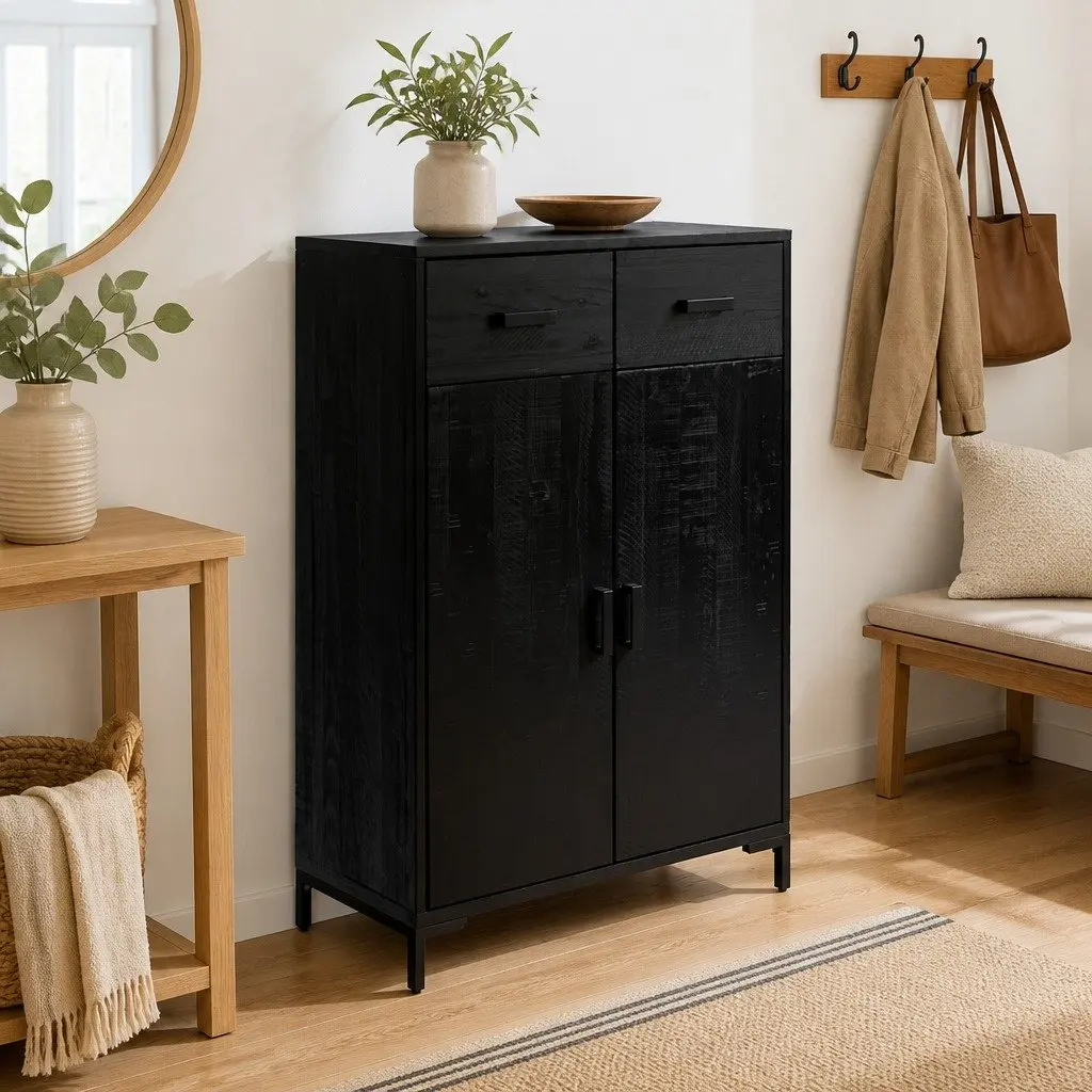 Shoe Rack Solid Pinewood 75x40x110 cm Black with 2 Drawers and 2 Compartments