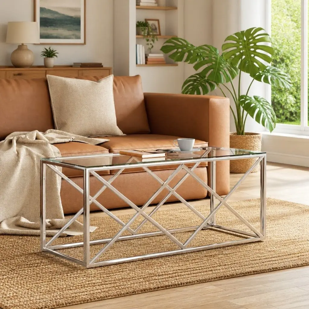 Silver Coffee Table with Glass Top 110x45x45 cm