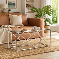 Stylish Silver Coffee Table with Glass Top 110x45x45 cm